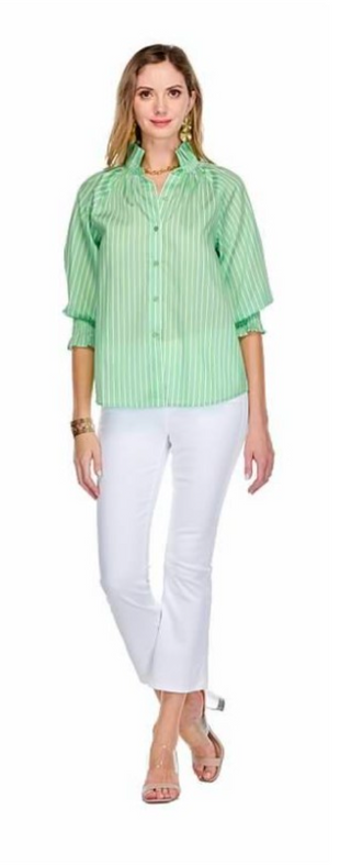 Gathers Neck 3/4 Sleeve Blouse - Green Stripe