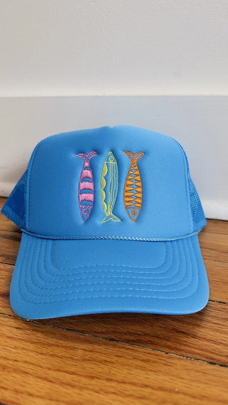 Sardine Hat - Cool Blue Hat | Yellow Orange + Pink Thread