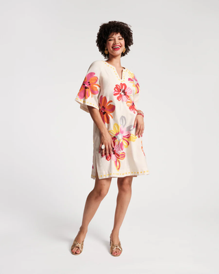 Charming Caftan Mini Sun Floral Cotton Linen White/Multi