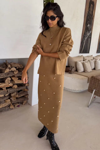 Tan Stud Knit Skirt, Tan