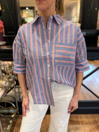 Button Short Sleeve Shirt, Blue Stripe