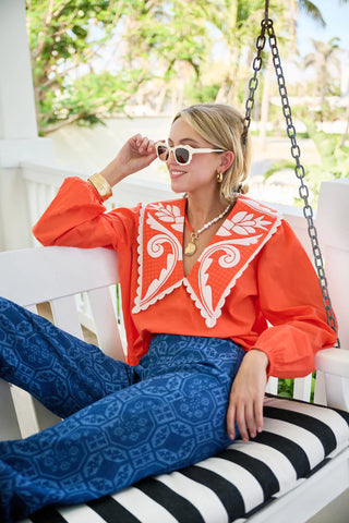 Emma Deep V Quilted Collar Blouse, Coral