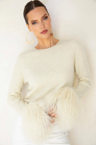 Sunrise Removable Wool Cuff Cashmere Sweater, Cream