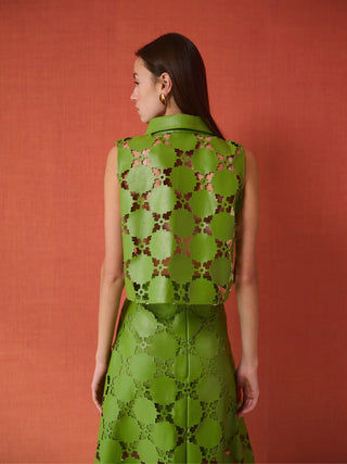 Olive Sleeveless Button Down, Laser Cut Green