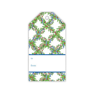 Gift Tag-Handpainted Holly with Berries Trellis and Blue Ribbon