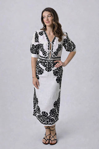 Floria Midi Dress, Black/White