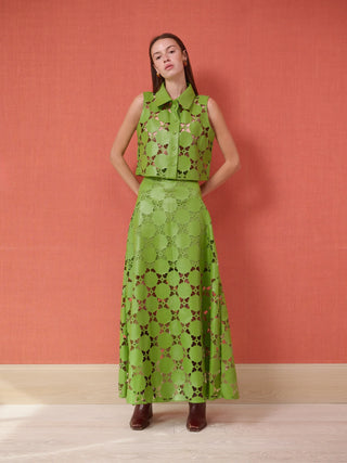 Olive Sleeveless Button Down, Laser Cut Green