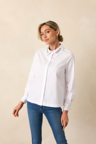 Reagan Jewel Neck Top, White