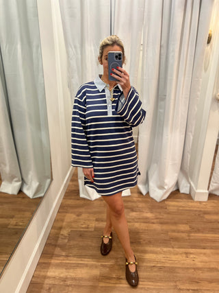Striped Knit Boxy Mini Dress with Combo Collar