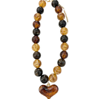 Ella Chunky Beaded Necklace With Heart Charm - Tortoise