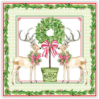 Square Placemat-Handpainted Red and Green Christmas Deer Holly Topiary