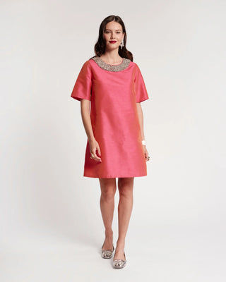 Tabby Shift Dress W/Jewel Collar Solid, Coral