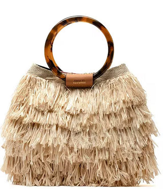 Shaggy Tote Raffia W/ Tortoise Handle  - Natural