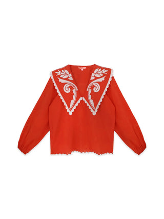 Emma Deep V Quilted Collar Blouse, Coral
