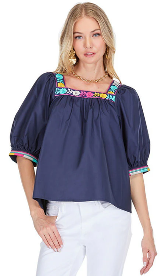 Square Neck Floral Trim Top in Navy