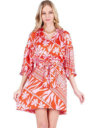 Puff Sleeve Collar Dress in Hibiscus Flame