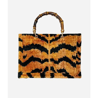 Silk Velvet Ikat Small Tote Bag With Bamboo Handle - Leopard