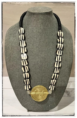 Brass Baule Pendant Necklace Wood & Bone Bead- Black Stripe