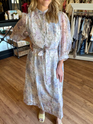 Stand Collar A-Line Dress, Whispering Lillies