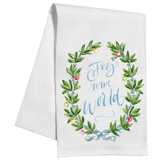 Kitchen Towel-Joy to the World Greenery with Ornaments and Blue Bow