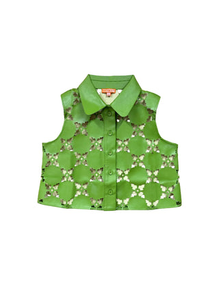 Olive Sleeveless Button Down, Laser Cut Green
