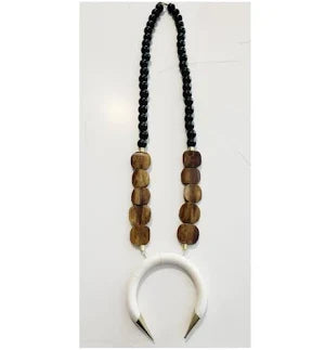Black Wood & African Bone Bead Long Necklace Bone Pendant