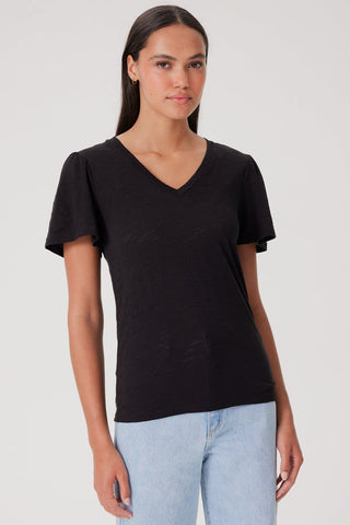 Signature Slub Flutter Sleeve V Neck Tee in Black