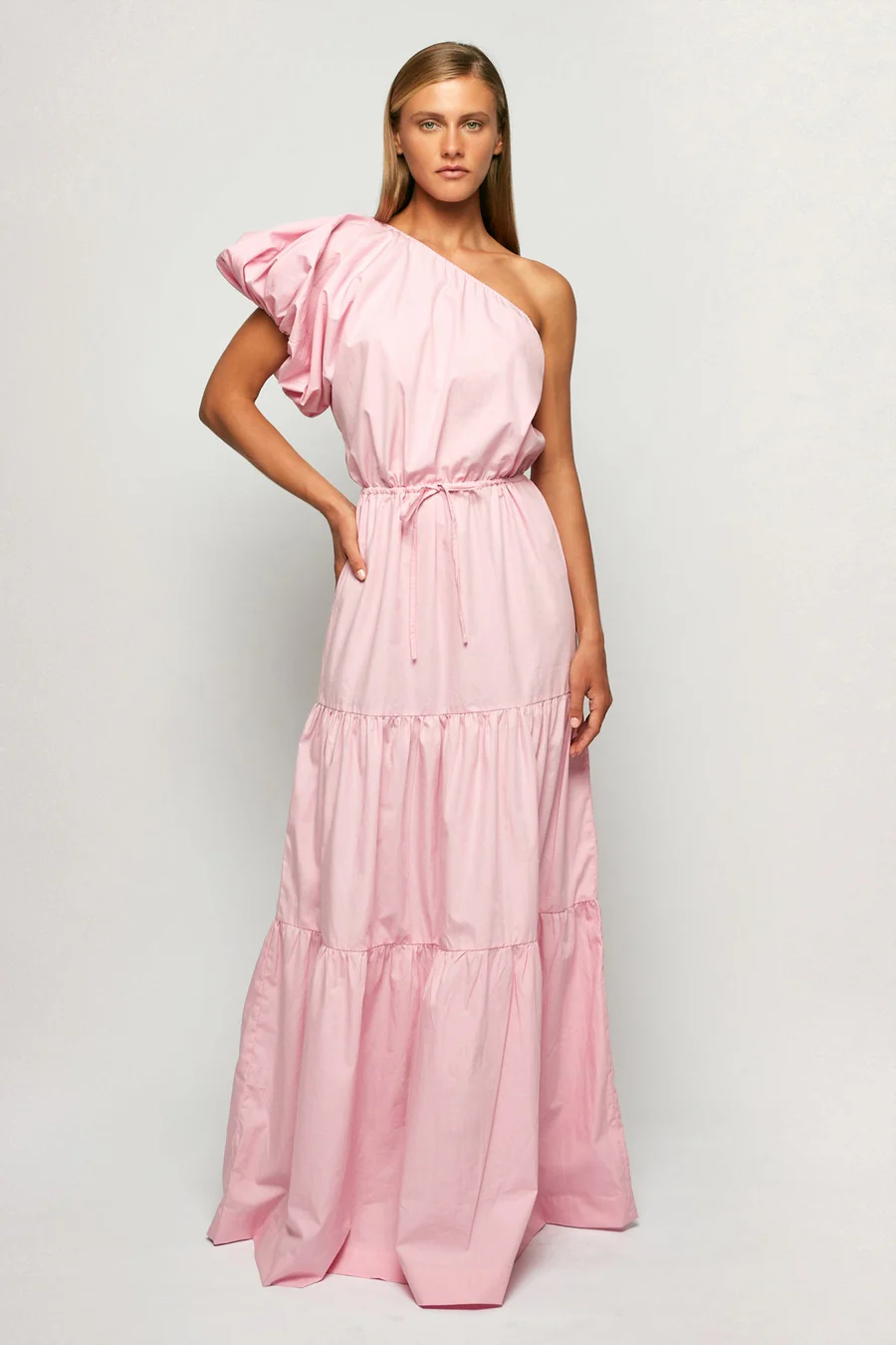 Exaggerated One Shoulder Maxi in Rose Quartz Monkee's of Columbia Exaggerated One Shoulder Maxi in Rose Quartz Monkee's of Columbia