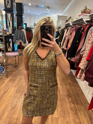 V-Neck Trimmed Pocket Dress, Brown Tweed