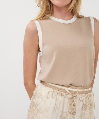 Sleeveless Top Contrast Rib Basic Knit, Tan
