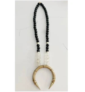 Black Wood & African Bone Bead Long Necklace Bone Pendant