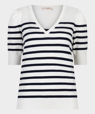 Short Sleeve Knit Sweater, Navy and White Stripe