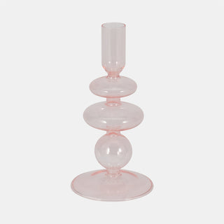 Glass Vintage Sculptural Taper Candle Holder - Pink, 7 in.