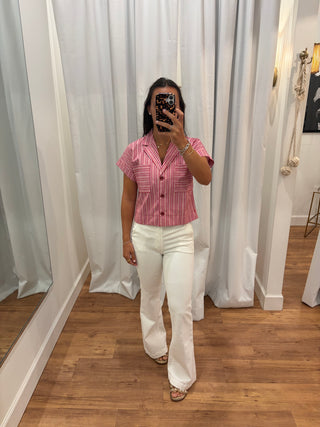 Pocket Crop Blouse, Red Stripe