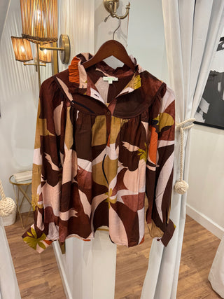 Stand Collar Trim Blouse, Harvest Rhythm
