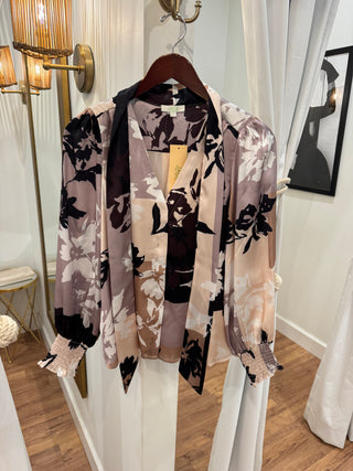 V-Neck Tie Buttons Blouse, Shadow Bloom