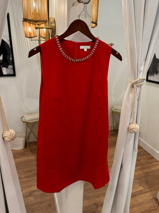 Embellished Neck Shift Dress, Red