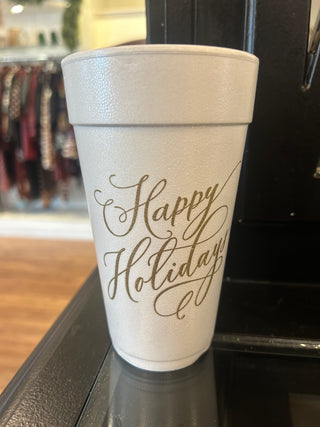 Styrofoam Cup-Gold Happy Holidays