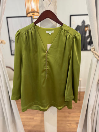 V-Neck Zipper Blouse, Kiwi