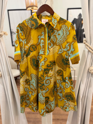 Placket Swing Dress, Saffron Scroll