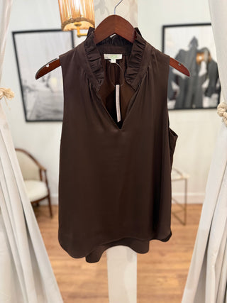 Ruffles Neck Shell Top, Brown