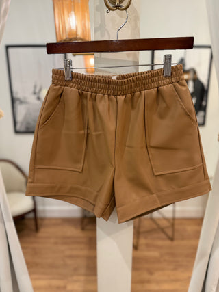 Faux Leather Pull on Short, Mocha