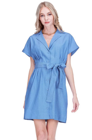 Waist Pleated Button Dress, Denim