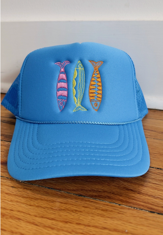 Sardine Hat - Cool Blue Hat | Yellow Orange + Pink Thread