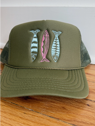 Sardine Hat - Olive Hat | Light Blue + Pink Thread