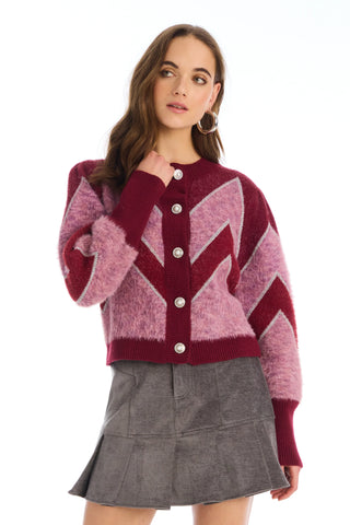 Fuzzy Chevron Cardigan, Deep Red