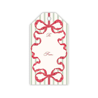 Gift Tag-Holiday Red Bow on Green Stripe