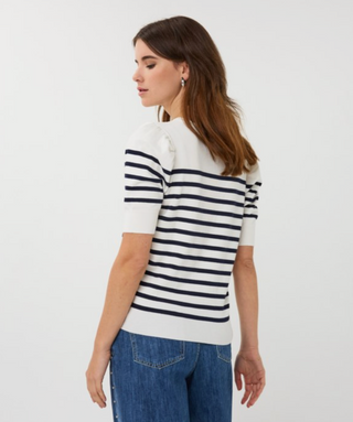 Short Sleeve Knit Sweater, Navy and White Stripe