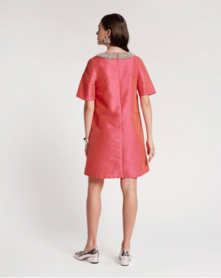 Tabby Shift Dress W/Jewel Collar Solid, Coral