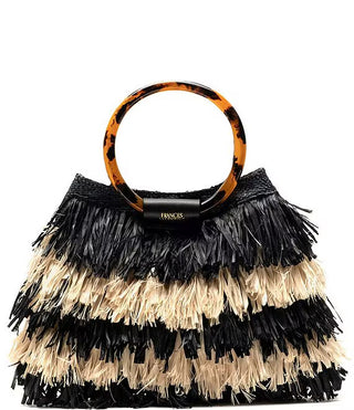 Shaggy Tote Raffia W/ Tortoise Handle  - Black/Natural